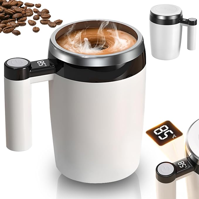 Electric Magnetic Stirring Coffee Mug, 2026 New Automatic Stirring Coffee Cup with Temperature Display, 12.85oz Self-Stirring Mug with Lid Suitable for Coffee, Milk, and Other Beverages (White)
