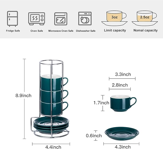 2.5oz Espresso Cups Set of 4, Small Stackable Coffee Cups with Saucers and Metal Stand, Ceramic Demitasse Cups, Cappuccino Cups for Coffee Drinks, Latte, Green