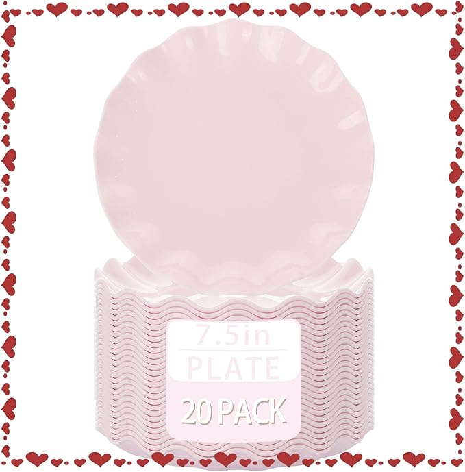 LIYH 20 Pcs 7.5 Inch Pink Scalloped Plastic Plates Reusable - Unbreakable Plastic Cake Dessert Plates for Weddings Party Outdoor Picnics Dishwasher Safe BPA Free (20Guests)