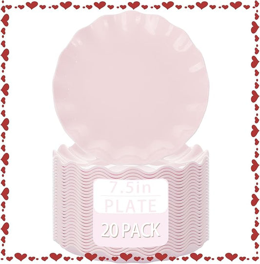 LIYH 20 Pcs 7.5 Inch Pink Scalloped Plastic Plates Reusable - Unbreakable Plastic Cake Dessert Plates for Weddings Party Outdoor Picnics Dishwasher Safe BPA Free (20Guests)