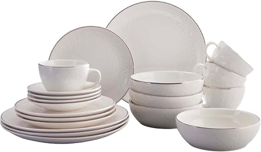 Corona 20?뱎iece Silver-Rim Elegant Embossed Floral Pattern Ceramic Dinnerware Sets, Plates Bowls and Cups, Service For 4, Harmony
