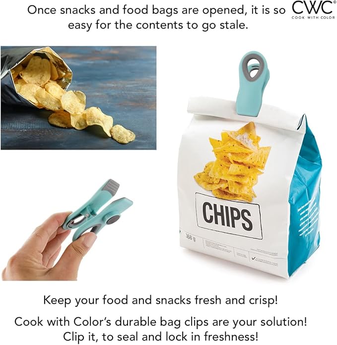 COOK WITH COLOR Bag Clips with Magnet- Food, Chip and Bag Clips for Food Storage with Airtight Seal Grip for Bread Bags, Snack Bags and Food Bags (Blue Ombre, Pack of 10)