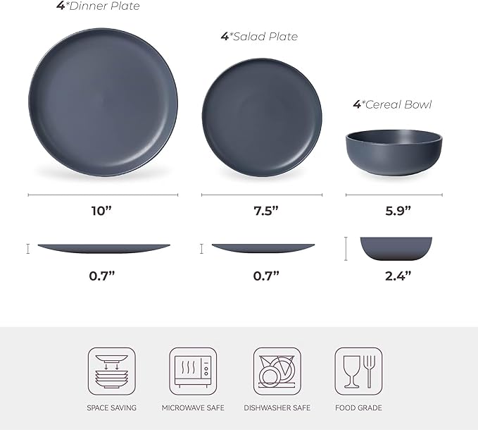 Furrnook 12-Piece Stoneware Dinnerware Set with Mugs | Microwave and Dishwasher Friendly | Stackable Matte Glaze Plates & Bowls | Service for 3 (Blue for 4)