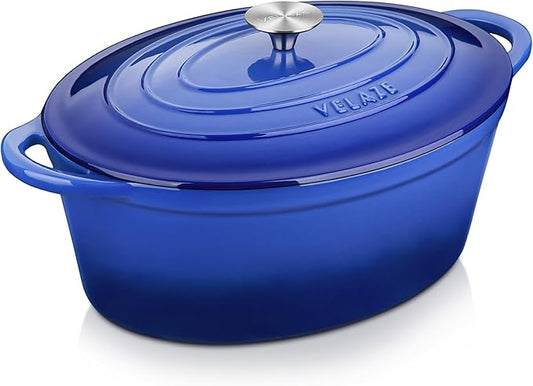 Velaze 7.5 QT Enameled Oval Dutch Oven Pot with Lid, Cast Iron Dutch Oven with Dual Handles for Bread Baking, Cooking, Frying, Non-stick Enamel Coated Cookware竊뉰lue)