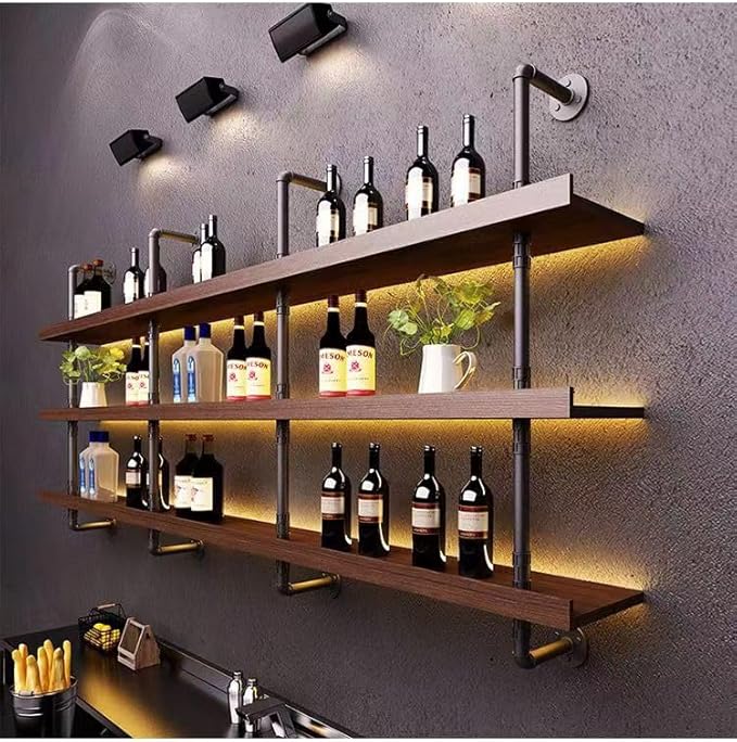 39 Inch Large Wall Mounted Wine Rack, 3 Tier Industrial Pipe Shelf Rustic Wood Floating Shelves, Wall Bar Shelves for Liquor Bottles Display Storage Organizer for Dining Room(Walnut, No Lights)
