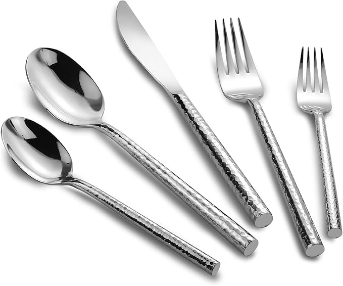 18/10 Stainless Steel Flatware Set Hand Forged Silverware Set Cutlery Set Round Hammered Handle Mirror Finished Heavy Duty 10 Pieces Service for 2