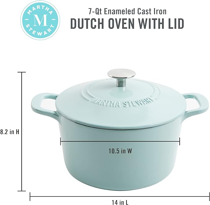 MARTHA STEWART Gatwick 7-Quart Enamel Cast Iron Dutch Oven ??Martha Blue ??Durable Heavy-Duty Dutch Oven for Slow Cooking, Braising & Baking