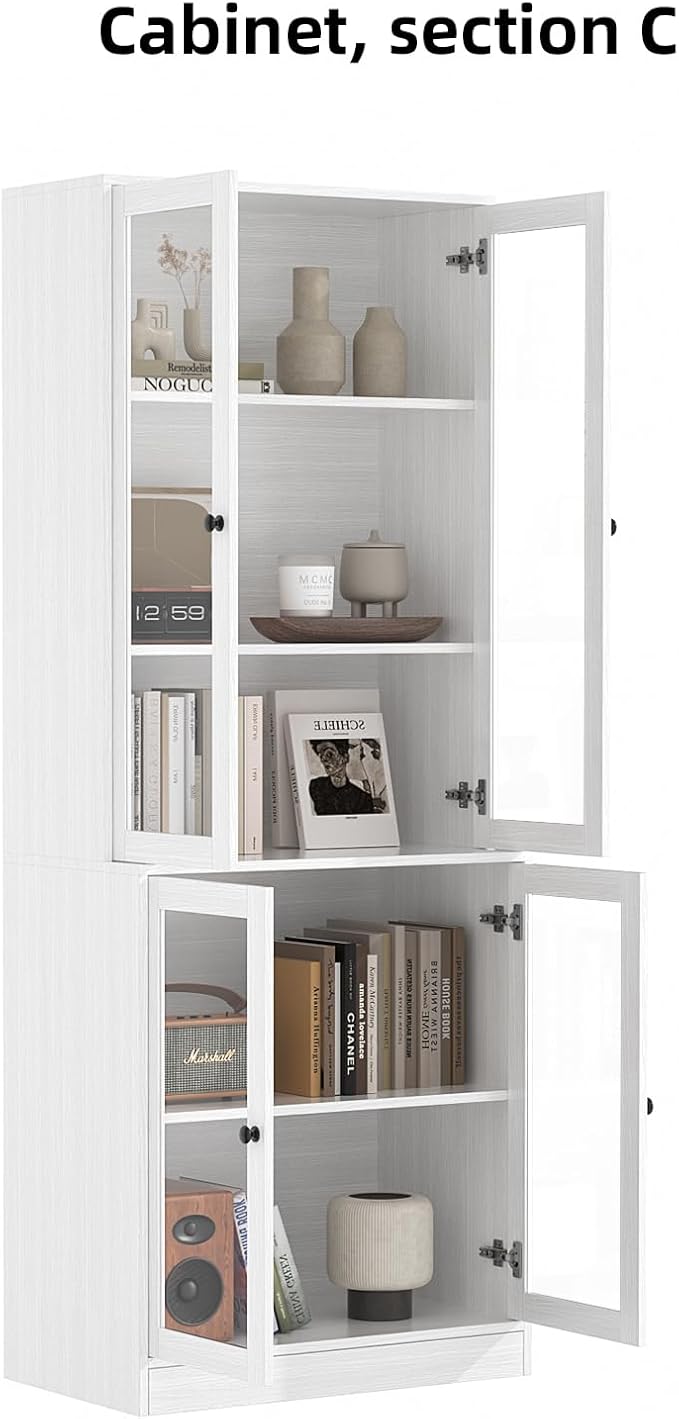 TUSY 71'' Tall Pantry Cabinet, Kitchen Hutch Storage Cabinet, Buffet Hutch Set of 3, China Cabinet with Glass Doors, 5-Tier Storage Cabinets for Dining Room, Living Room (White)
