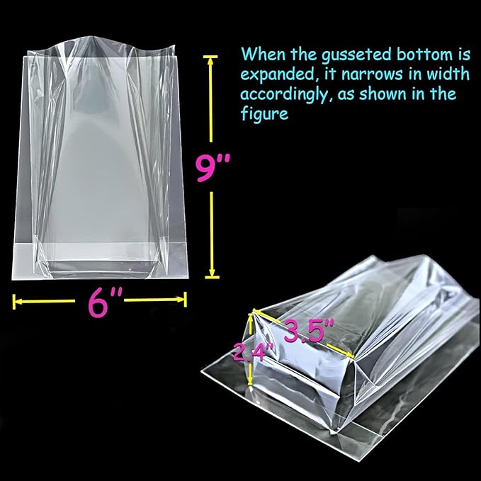 PigPotParty Cellophane Treat Bags 6"x9", 100 Pack Clear Goodie Bags, Bottom Gusset for Stand-Up Display, Small Plastic Gift Wrap for Cookies, Candy, Party Favors, Popcorn, Includes 100 Gold Ties
