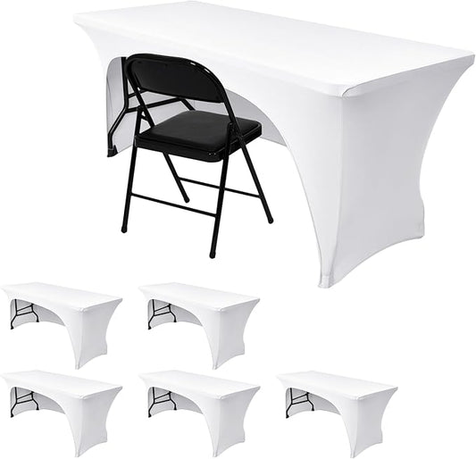 Nasitos 6 Pack White Tablecloth Rectangle for 8 Foot Tables-Open Back Fitted Stretch Spandex Table Covers, Washable Wrinkle-Free Trade Show Table Cover for Parties, Wedding, Banquet, Craft Fair