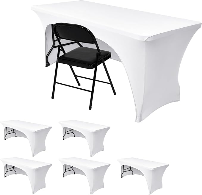 Nasitos 6 Pack White 6 ft Table Cloth Fitted-Open Back Spandex Table Covers Fabric Washable and Wrinkle Resistant Stretch Tablecloth for Parties, Wedding, Banquet, Jewelry Trade Show, Craft Fair