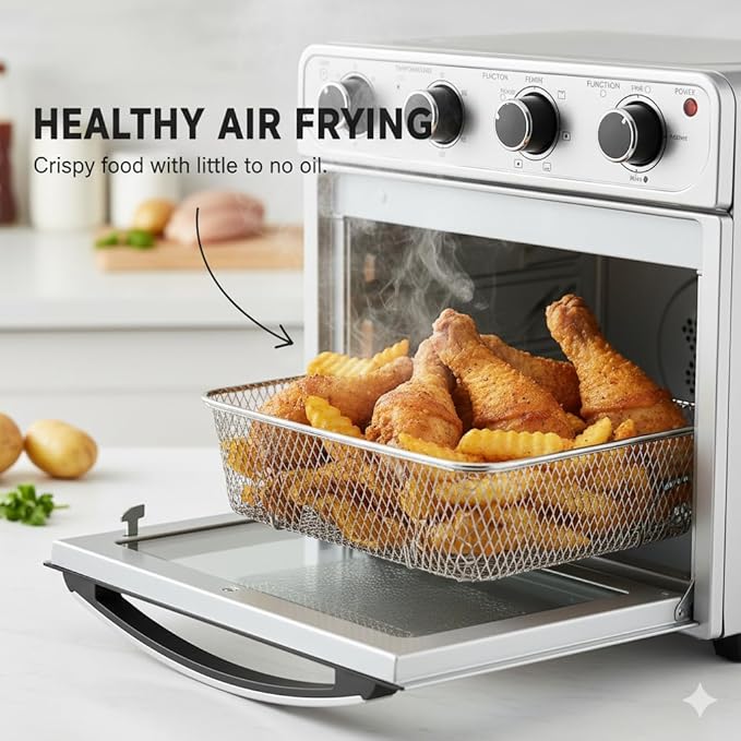 HealSmart 4-in-1 Air Fryer Toaster Oven Combo, 26QT Large Countertop Convection Oven with Bake, Broil, Roast & Dehydrate, Includes 12" Pizza Pan & Fry Basket, Stainless Steel, Energy-Efficient