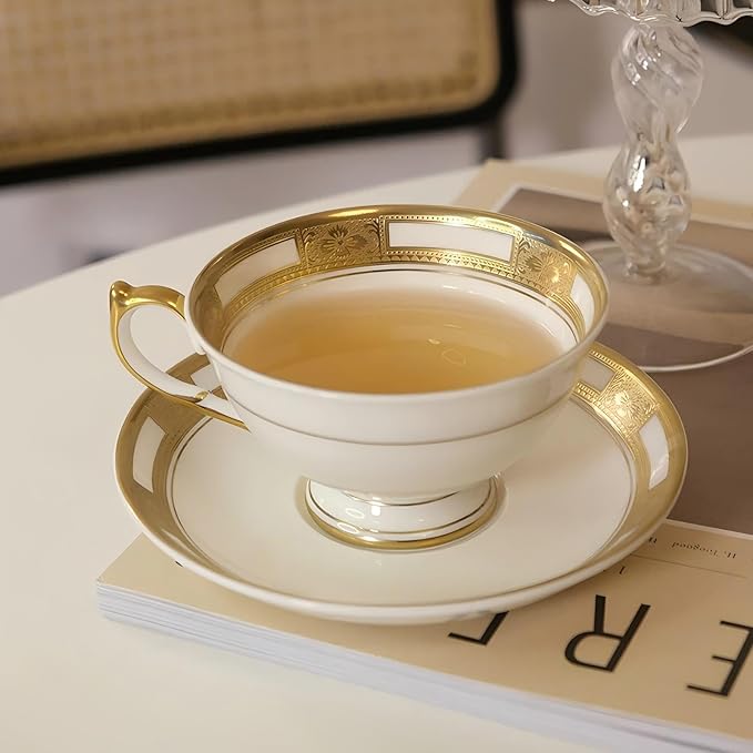 Aynsley Empress Athens 2-Piece Bone China Teacup with Saucer - 6oz Cup, 5.9-inch Saucer, 24K Gold Hand-Painted Relief Design - Elegant Luxury Gift Set