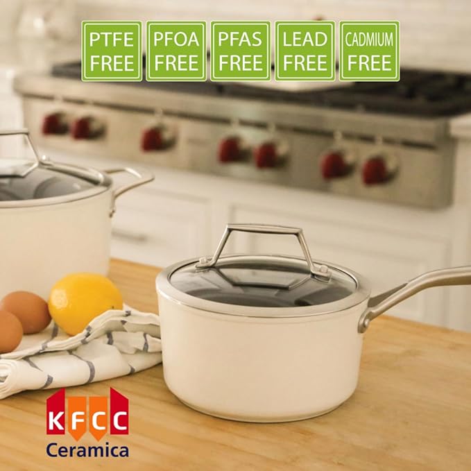 TeChef ValenCera Collection | 2-quart Ceramic Nonstick Saucepan with Glass Lid, Nontoxic - Nontoxic - Free of PFAS, PFOA, PTFE (Saucepan 2-Qt)