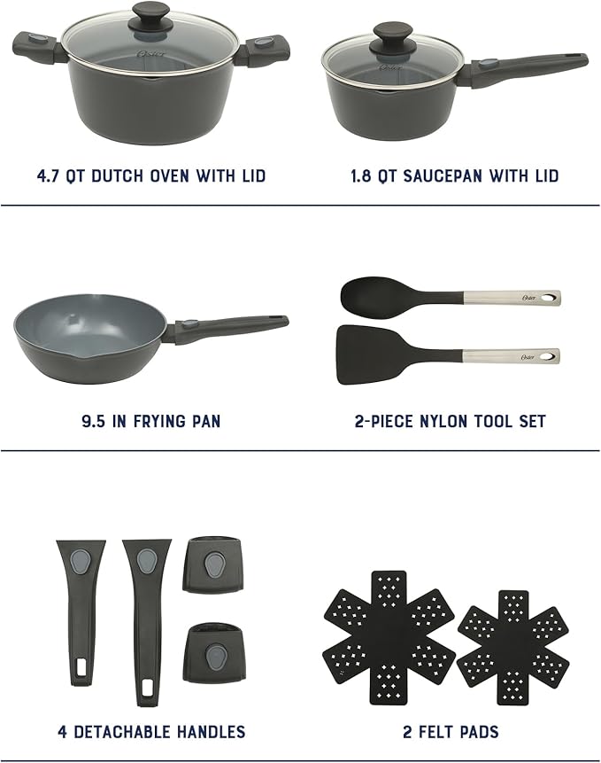 Oster SmartHandle Advance 13-Piece Ceramic Nonstick Cookware Set ??Matte Black Finish, Gray Interior, Induction Base, Detachable Handles, Oven & Dishwasher Safe, With Utensils & Pan Protectors