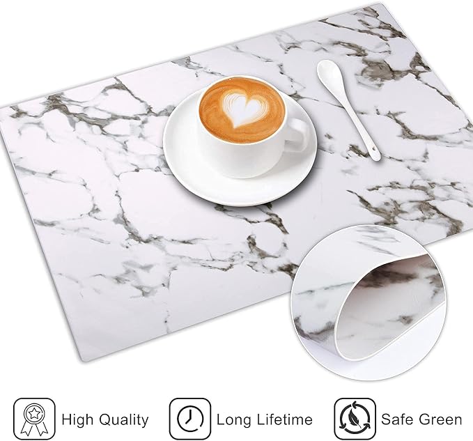 LANDVIEW Leather Heat Resistant Placemats Set of 6 Waterproof Wipeable Washable PU Table Mats,Easy to Clean Anti-Slip Place Mats (Marble, 6)