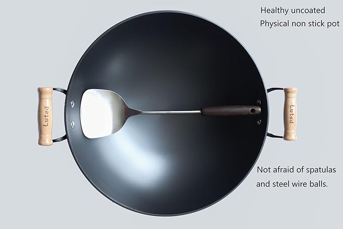 Chinese woks with a lid and a Spatula stir-fry pans deep fryer Cast Iron 16 Inches round bottom pot Uncoated for Open Fire not easy to rust not easy to stick and durable for about 1-8 people