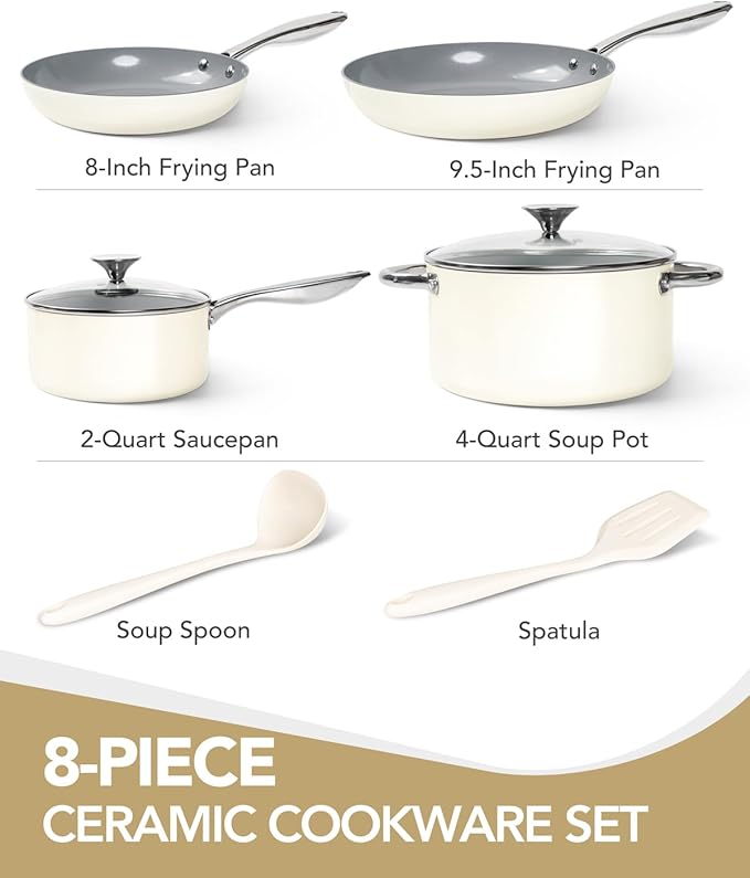 MICHELANGELO Pots and Pans Set Non Stick - Ceramic Cookware Set Non Toxic, 8-Pcs Nonstick Pots and Pans with Ergonomic Handle, Dishwasher Safe & Induction Compatible, Cream