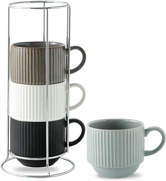 HASENSE Large Coffee Mug Set of 4 with Rack - 15 oz Stacking Ceramic Ribbed Latte Cups Set for Cappuccino, Tea, Hot Cocoa, Drinks - Dishwasher & Microwave Safe Assorted Colors