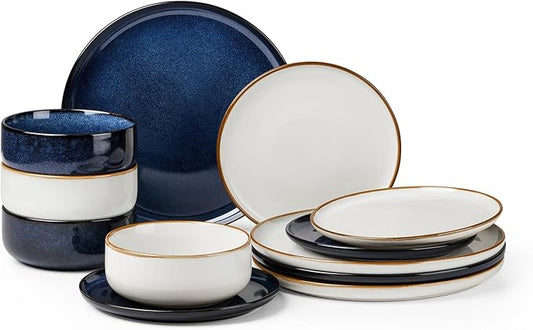 Herogo 12-Piece Stoneware Dinnerware Sets for 4, Dinner Plates and Bowls Sets, Double Reactive Glaze Dishware Place Setting for Kitchen, Scratch Resistant, Microwave Safe, Ivory White & Starry Blue