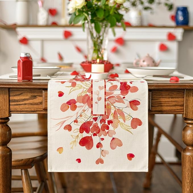 Artoid Mode Red Heart Branch Table Runner, Seasonal Leaf Kitchen Dining Table Decoration for Home Party Decor 13x72 Inch