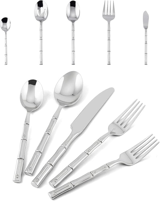 Flatware Serving Set Silverware Set Stainless Steel Cutlery Set Bamboo Pattern Mirror Finished 45 Pieces Party Event Use Wedding Housewarming Gift Service for 8