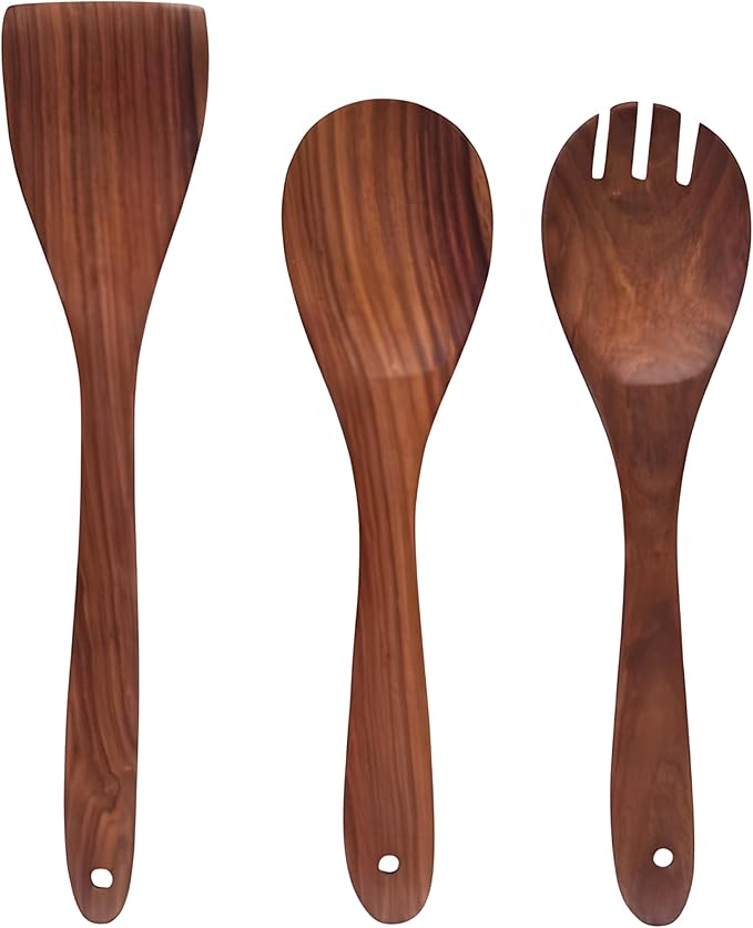 AURUM Wooden Spatula Spoons Set for Cooking & Serving | Teak Wood Spatulas Utensil Set for Nonstick Pans & Cookware (Set of 3)