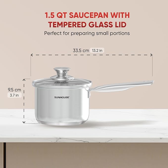 Sunhouse ??1.5 Quart Stainless Steel Sauce Pan with Lid - PFOA-FREE, Stainless Steel Sauce Pan, Induction base, Stay-Cool Handle, Compatible with All Cooktops Gas, Geramic, Electric etc.