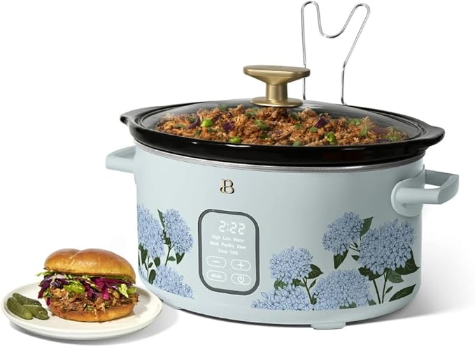 Beautiful 6 Quart Programmable Slow Cooker by Drew Barrymore ??Large Capacity, Ceramic Removable Pot, Tempered Glass Lid, Dishwasher Safe, Auto Keep Warm (Hydrangea Floral)