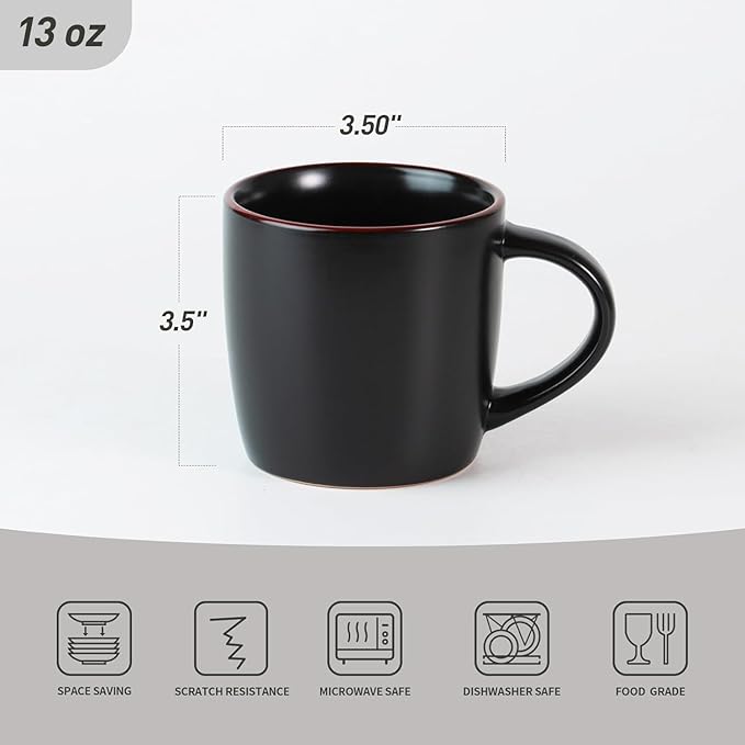 famiware Mercury Coffee Mugs 13 oz, Coffee Mugs Set of 6 with Handle, Cups for Latte, Hot Tea, Cappuccino, Mocha, Cocoa, Matte Black