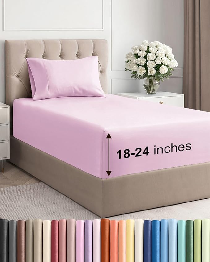 Extra Deep Pocket Twin Sheets - 3 Piece Breathable & Cooling Bed Sheets - Hotel Luxury Bed Sheet Set - Soft, Wrinkle Free & Comfy - Easily Fits Extra Deep Mattresses - Deep Pocket Light Pink Sheets