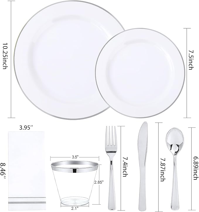 SUT 350 Piece Silver and White Plastic Dinnerware Set for 50 Guests, Disposable Plastic Plates, Include: 50 Dinner Plates, 50 Dessert Plates, 50 Pre Rolled Napkins with Silver Silverware, 50 Cups