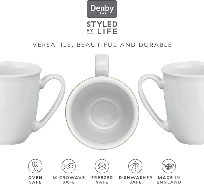 Denby - Elements Stone Large Coffee Mug Set of 4-11.15 Ounce Stoneware Tea Mug Set For Office & Home - Dishwasher Safe, Microwave Safe - Ceramic Tea Cups White Glaze