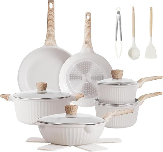 Pots and Pans Set Non Stick, 17Pcs Kitchen Cookware Sets, Granite Stone Induction Cookware Non Stick Cooking Set w/Frying Pans, Saucepans, Saut챕 Pan (PFOA Free), Cream White