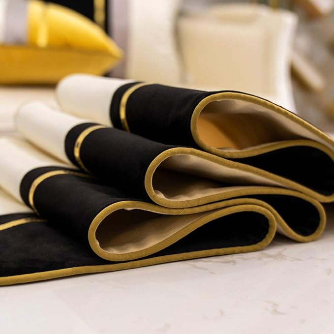 Avigers 12 x 59 Inch Decorative Luxury Black White Gold Leather Striped Patchwork Velvet Table Runners with Tassels for Home Living Room Bedroom Art Decor Wedding