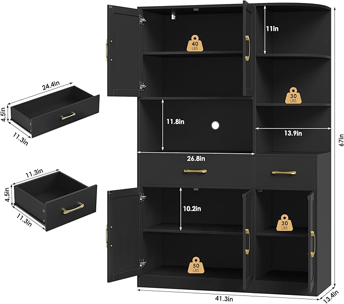67" Kitchen Pantry Cabinet, Modern Kitchen Hutch with 5 Doors and 2 Drawers, 3-Tier External Shelf, Large Pantry Storage Cabinet with Microwave Stand for Dining Room, Black