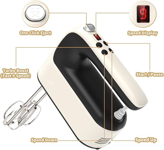 Yomelo 9-Speed Digital Hand Mixer Electric, 400W Powerful DC Motor, Hand Mixer Electric Handheld with Snap-On Storage Case, 5 Stainless Steel Accessories, Beaters, Dough Hooks, Whisk(Creamy/Black)