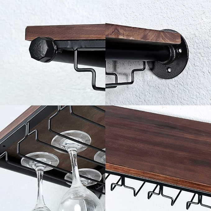 Industrial Wine Rack Wall Mounted with 5 Glass Holder,Wine Glass Rack Floating Wine Glass Shelf,24in Pipe Shelving Hanging Wood Shelves