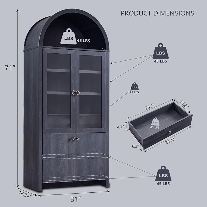 71" Tall Arched Kitchen Pantry Cabinet, Modern Farmhouse Kitchen Storage Cabinets with Open & Adjustable Shelves, Hidden Drawer & Glass Door, Versatile Cupboard for Kitchens, Dining Room, Grey