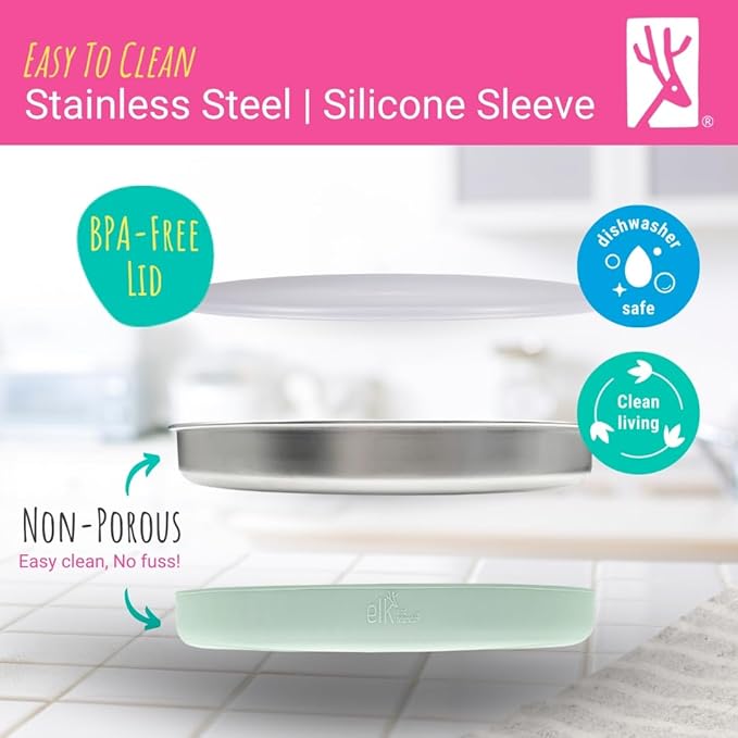 Elk and Friends 7.8??Stainless Steel Non Divided Plates with Silicone Sleeve + Storage Lid | Baby, Toddler, Kids | Dishwasher Safe | Dinner & Snack Plates | 4 Pack