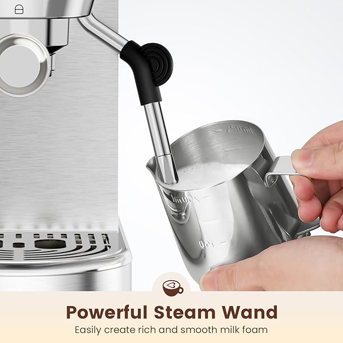 Espresso Machine 20 Bar, Compact Espresso Maker, Stainless Steel Professional Expresso Coffee Machines with Steam Milk Frother & 34oz Removable Water Tank for Home & Office, Latte, Cappuccino, Silver