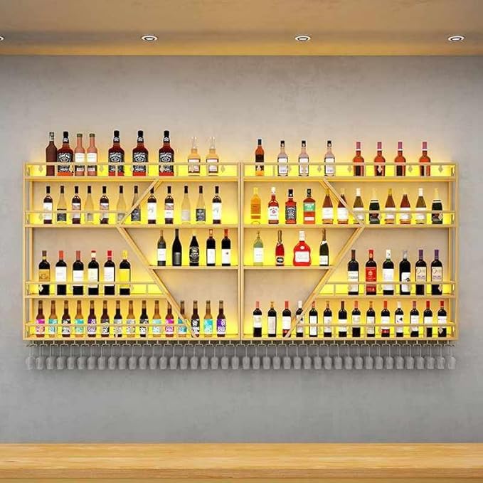 Wall Mounted Wine Rack, Large Metal Wine Bottle Holder, Modern Fashion Diamond Shaped Floating Bar Unit Wine Storage Shelves, for Home Restaurant Bars Decor (Gold, 4 Tier - 63in)