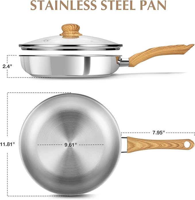 KOCH SYSTEME CS Stainless Steel Pan 12 Inch, Stainless Steel Frying Pan with Lid for Professional Cooking, PFAS-Free 12 Inch Skillet with Cool-Touch Bakelite Handle, Induction Compatible