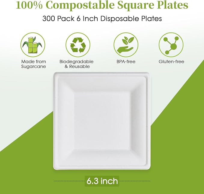 ECOLipak 6 Inch Compostable Square Paper Plates, 300 Count Heavy Duty White Small Paper Appetizer Plates, Disposable Biodegradable for Dessert Daily meals, Dinner, Parties, BBQ