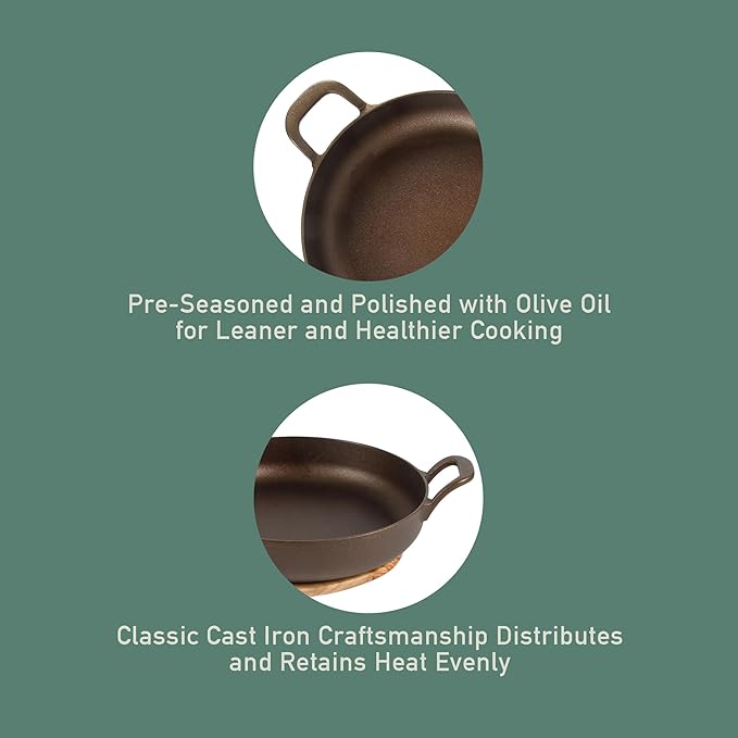 Bloomhouse - Two Time Oprah's Favorite Things Winner - Natural Bronze Finish 10" Cast Iron Skillet w/Long Handle, Helper Handle & Olive Wood Trivet ??Olive Oil Treated Fry Pan, Oven & Stovetop Safe