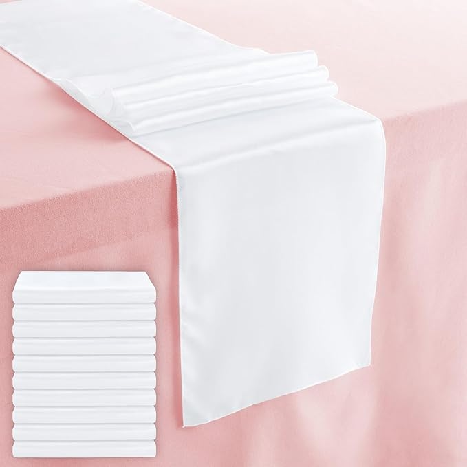 Juvale White Table Runner - 108.2 x 11.8 in, 10-Pack Satin Polyester - Reusable Scratch & Spill Resistant Bulk White Runners for Rectangular & Round Tables