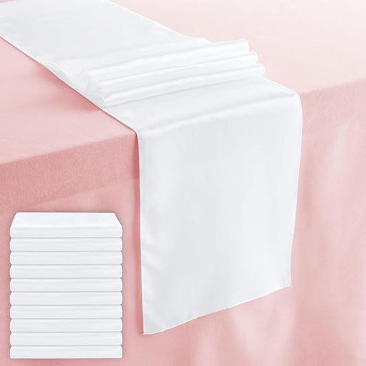 Juvale White Table Runner - 108.2 x 11.8 in, 10-Pack Satin Polyester - Reusable Scratch & Spill Resistant Bulk White Runners for Rectangular & Round Tables