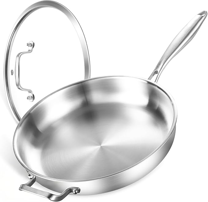 DELARLO Stainless Steel Pan 14-Inch, Large Frying Pan with Lid, Heavy Duty, Compatible with Induction, Gas and Electric up to 650?? Fast & Even Heating, Durable, Dishwasher, Oven Safe Skillet