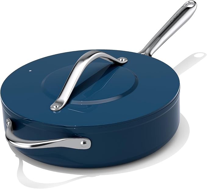 Nonstick Ceramic Saut챕 Pan w/Lid (4.5 qt, 11") Deep Frying Pan for All Cooktops Non Toxic Skillet PTFE/PFOA/PFAS Free, Even Heat Distribution Stainless Steel Stay-Cool Handle, Navy Blue