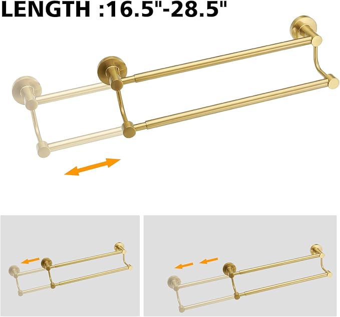 BESy Adjustable 16-26 Inches Double Bath Towel Bar for Bathroom SUS304 Stainless Steel Towel Holder, Hotel Style Wall Mount with Screws Hand Towel Bar竊똖owel Rack Rod Hanger, Brushed Gold Finish